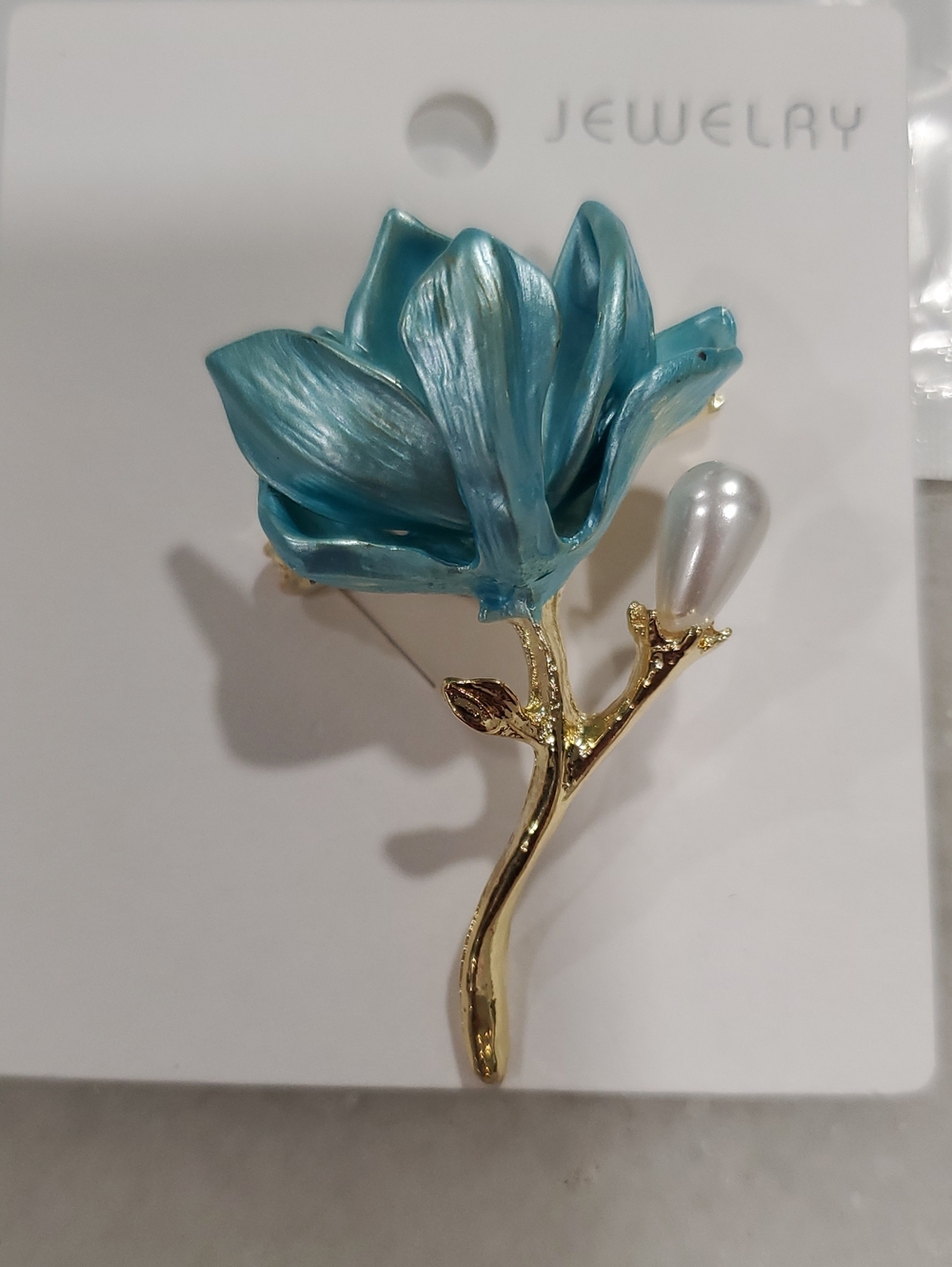 Blue Flower Brooch with Gold Stem and Pearl Accent